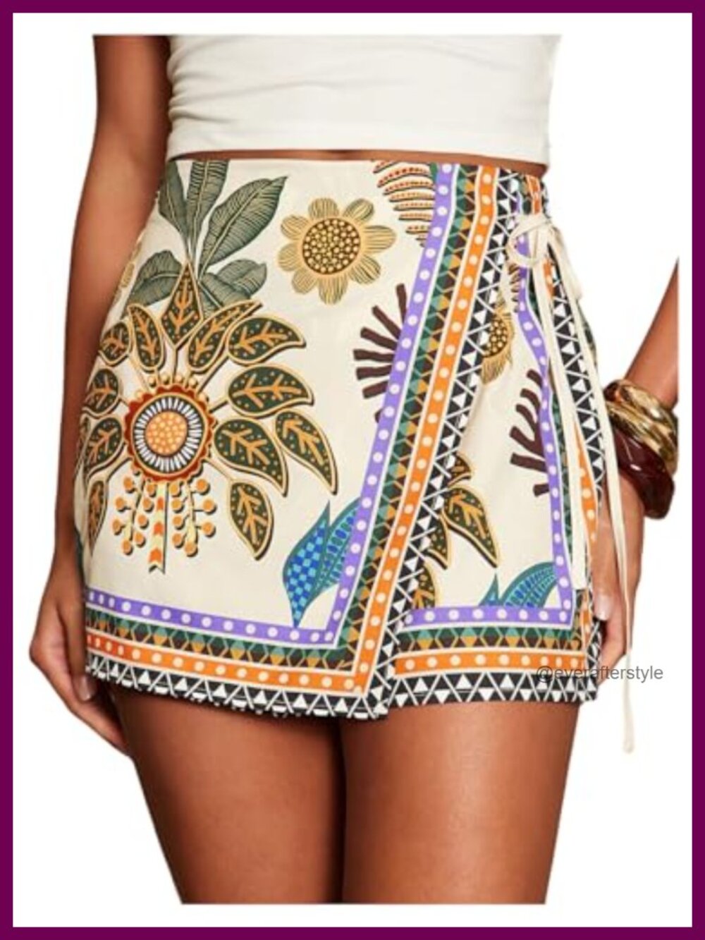 Boho Floral Mini Skorts Elastic High Waist Tie Side Wrap Shorts
